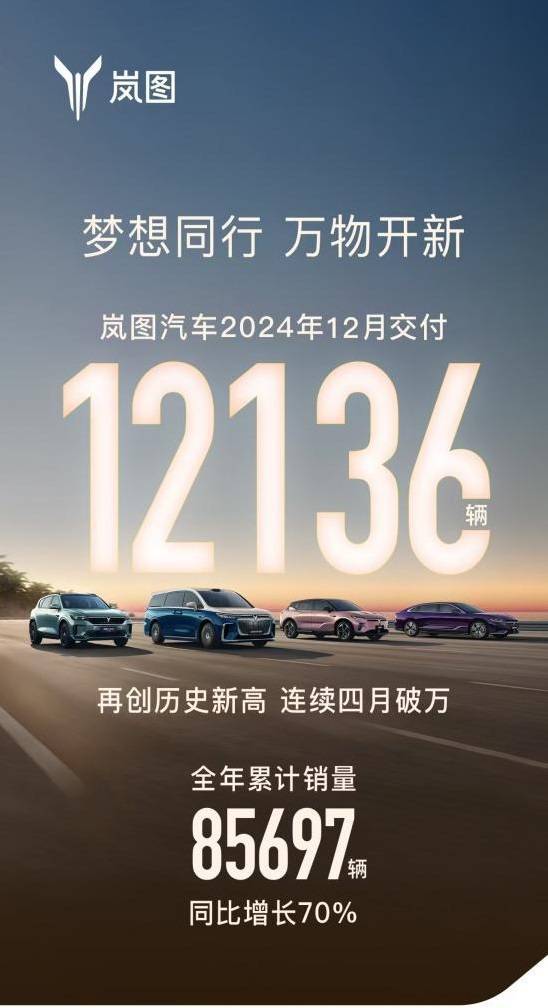 九游体育：岚图汽车12月销量12136辆全年销量达85697辆